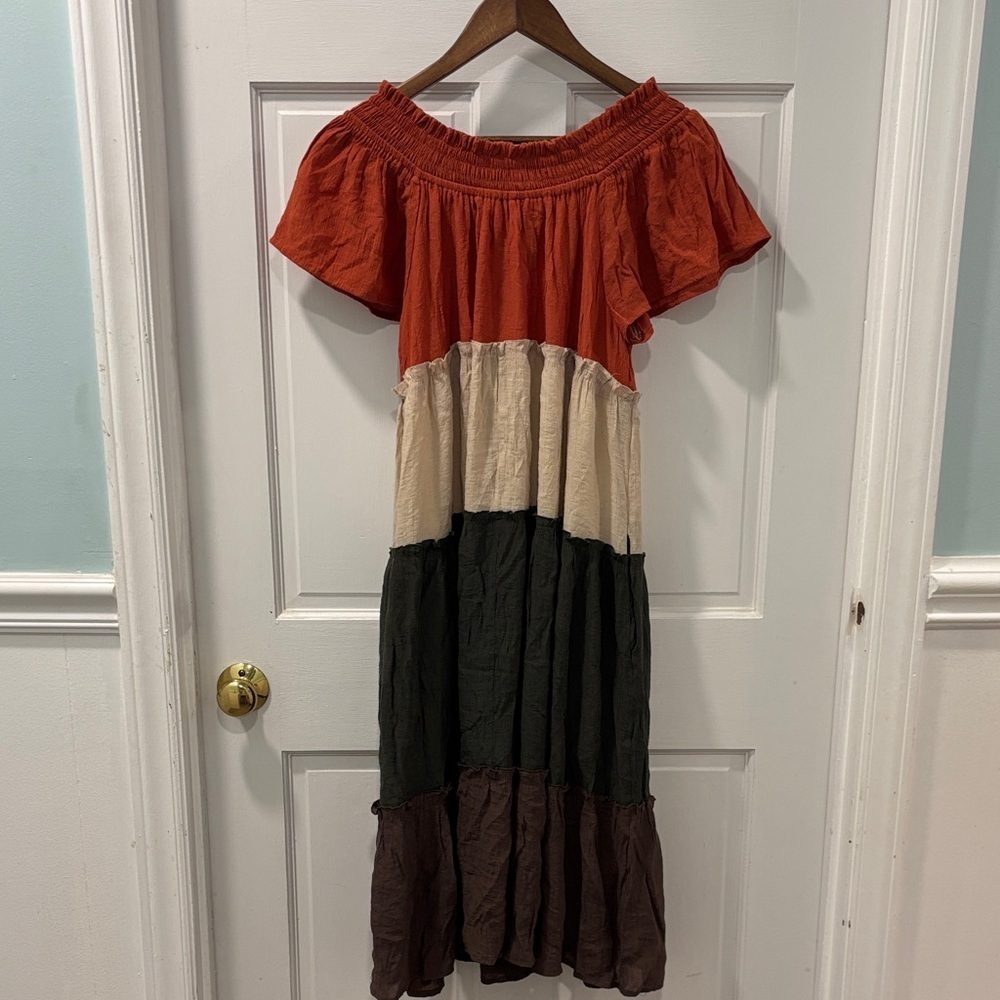 Umgee Colorblock Boho Tiered On/Off Shoulder Peasant Midi Dress Fall Colors Sz M - Picture 4 of 8